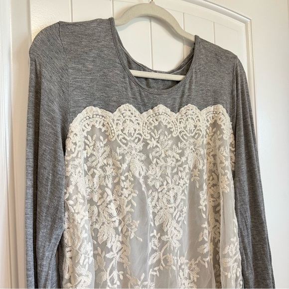 Grey long sleeve top cream lace sheer front, slightly flared sleeves, size L - Picture 2 of 9